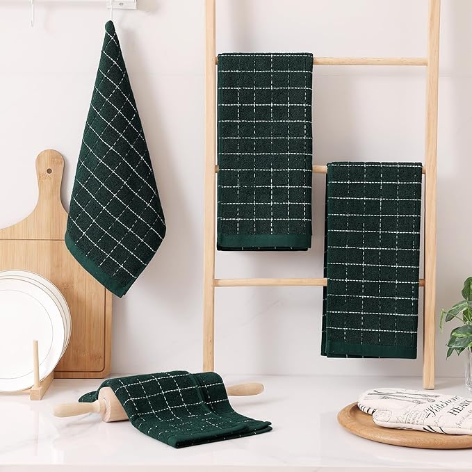 Homaxy 100% Cotton Terry Kitchen Towels(Blackish Green, 13 x 28 inches), Checkered Designed, Soft and Super Absorbent Dish Towels, 12 Pack
