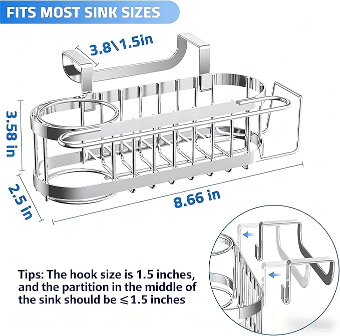 Cisily Silver Kitchen Sink Caddy Sponge Holder in The Sink, Stainless Steel Kitchen Organizer, Brush Holder, Dish Cloth Hanger 2 Installation Ways (Hanging& Adhesives