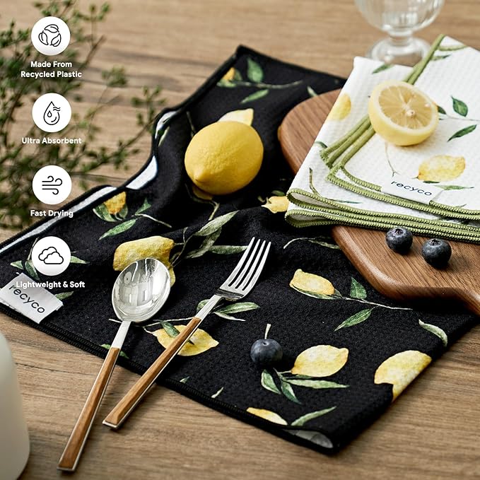 RECYCO Waffle Kitchen Towel Set of 2 - Quick Dry Microfiber Sustainable Dish Towels - Ultra Absorbent Reusable Cleaning Tea Towels - Lightweight Hand Towels,16”x 28”, Lemon Grove