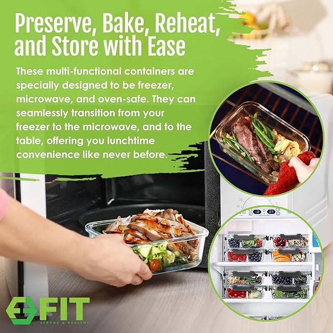 FIT Strong & Healthy Meal Prep Containers, 1 & 2 & 3 Compartments – Glass Bento Box Adult Lunch Box, Glass Containers Meal Prep with Lids, Container with Compartments, 35 oz, Black, 3 Pack