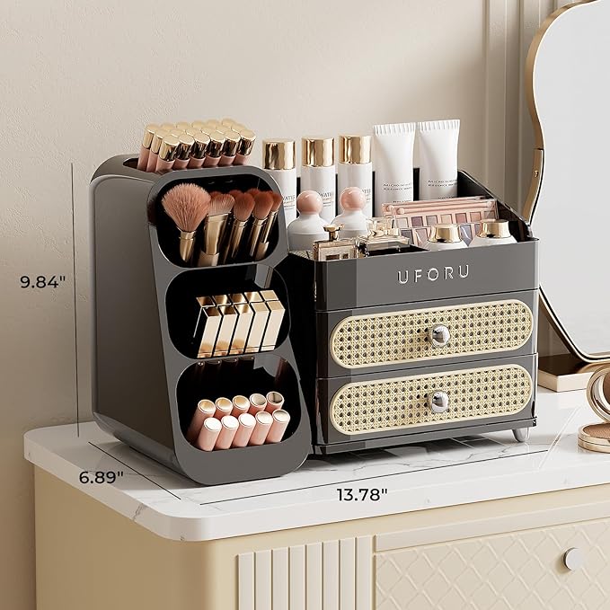 Makeup Organizer for Vanity with Brush Holder, Large Plastic Bathroom Countertop Skincare Organizer with 2 Drawers, Spacious Cosmetic Display Case for Perfumes, Eyeshadow Palettes, Nail Polishes