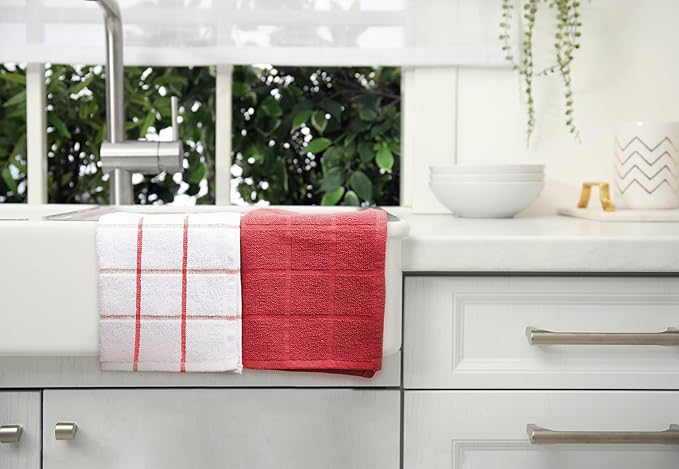 100% Cotton Terry Dish Cloth & Dish Towel, 8 Pack, Super Soft and Absorbent Kitchen Towels, Perfect for Kitchen Cleaning and Dish Washing (RED (Solid and Checks) 8 Pack)