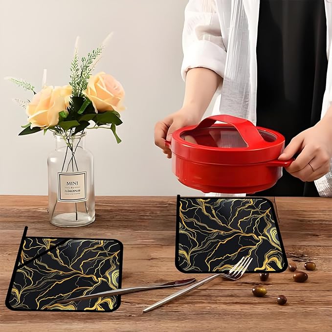 Black Golden Marble Pot Holders 2 PCS,Kitchen Heat Resistant Hot Pads for Cooking Grilling Baking BBQ, Pot Holders for Women Cook Home Microwave