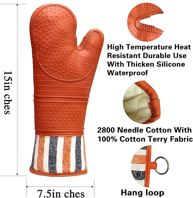 RED LMLDETA Heat Resistant 550 Degree Oven mitt, Silicone Oven Hot Mitts - 1 Pair, Extra Long Professional Baking Oven Gloves - Food Safe,Pot Holders Cooking,Grilling,Kitchen (Tangerine Mittens)