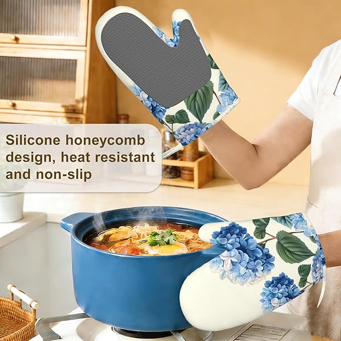 Blue Hydrangea Flower Spring Oven Mitts and Pot Holders Set of 4,Heat Resistant Non Slip Kitchen Gloves Hot Pads,Chef Cooking Baking Gifts for Women Bakers,Kitchen Cooking Lover Cooks