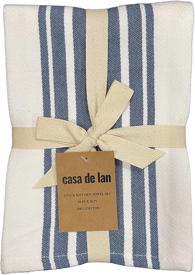 Kitchen Towels Set – Pack of 3 (20’’ x 30’’) Extra Large Premium Cotton Dish Towels for Kitchen – Super Striped Towels – Absorbent – 100% Cotton – with Hanging Loop – Blue Grey