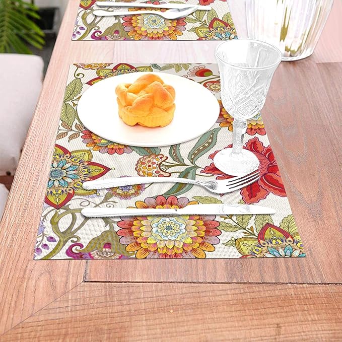 Boho Floral Placemats Set of 4, Flower Table Mats for Kitchen Dining Table, Colorful Decorative Place Mats Washable Linen Placemat 12"x18", Housewarming Gifts for New Home
