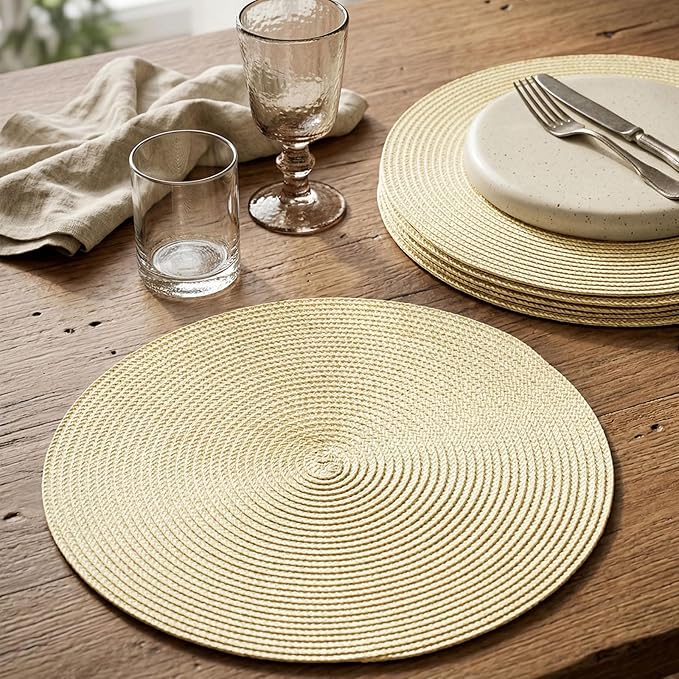AHHFSMEI Round Placemats Set of 8 Heat Resistant Washable Non-Slip Woven Braided Table Mats for Dining Table Kitchen & Home Decor (Beige,8)