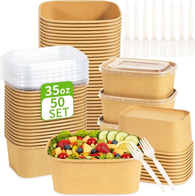 50-Pack 35oz Disposable Meal Prep Containers【with Lids and Forks】, Compostable Kraft Paper Bowls To Go Food Containers, Microwave & Freezer Safe for Hot & Cold Foods