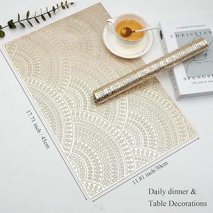 Gold Rectangle Placemats Set of 6, Vinyl Place Mats Hollow-Out Curved Pattern Waterproof Oil-Proof Wipeable Table Mats for Kitchen and Dining Centerpiece Table Decorations