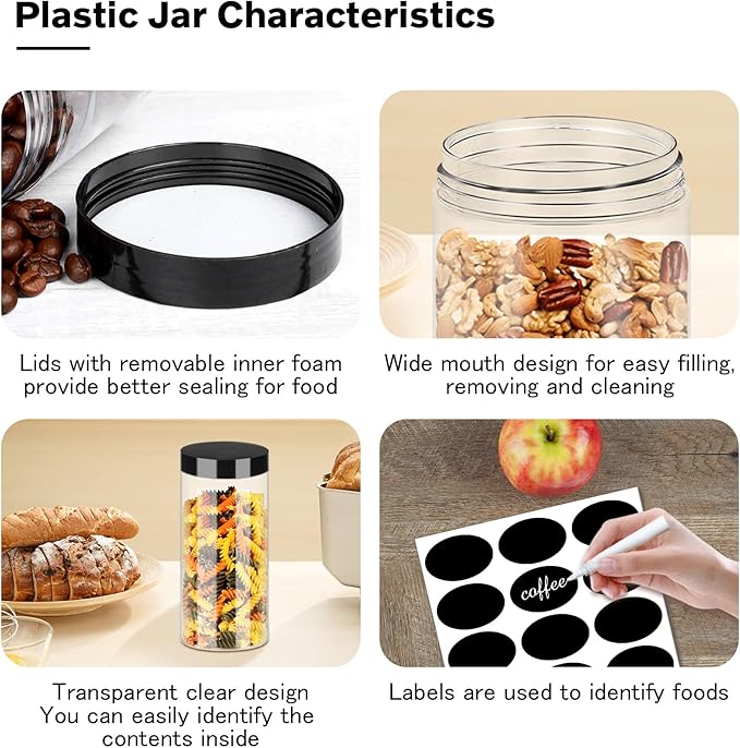 SLifeJars Plastic Jar with Lids 16oz Clear Empty Containers 16Pcs Straight Cylinders Storage Jars with Airtight Black Lid Stackable Refillable Round Plastic Jars for Kitchen Food & Home Storage