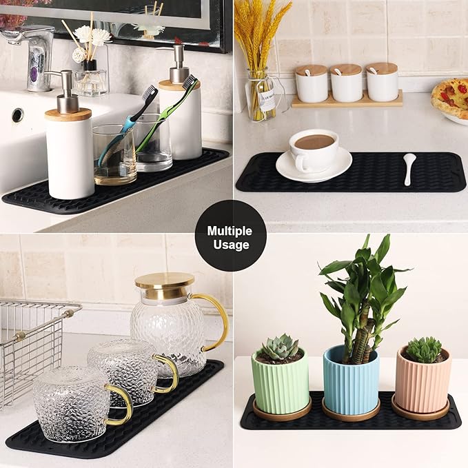 ZLR 2 Pcs Silicone Sponge Holder & Sink Caddy Tray (6" x 17") - Narrow Dish Drying Mat for Kitchen Counter - Waterproof Soap Dispenser Organizer, Non-Slip Bathroom Vanity Tray (Black)