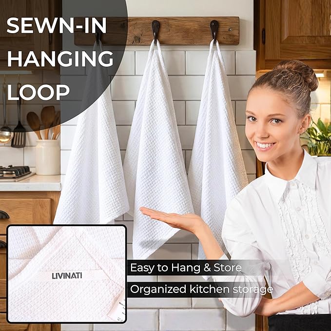 Highly Absorbent Cotton Dish Towels for Drying - Set of 6 White Kitchen Towels - 18"X28" Lint Free Waffle Weave Cloth Linen Hand Bathroom Bulk Dishtowels