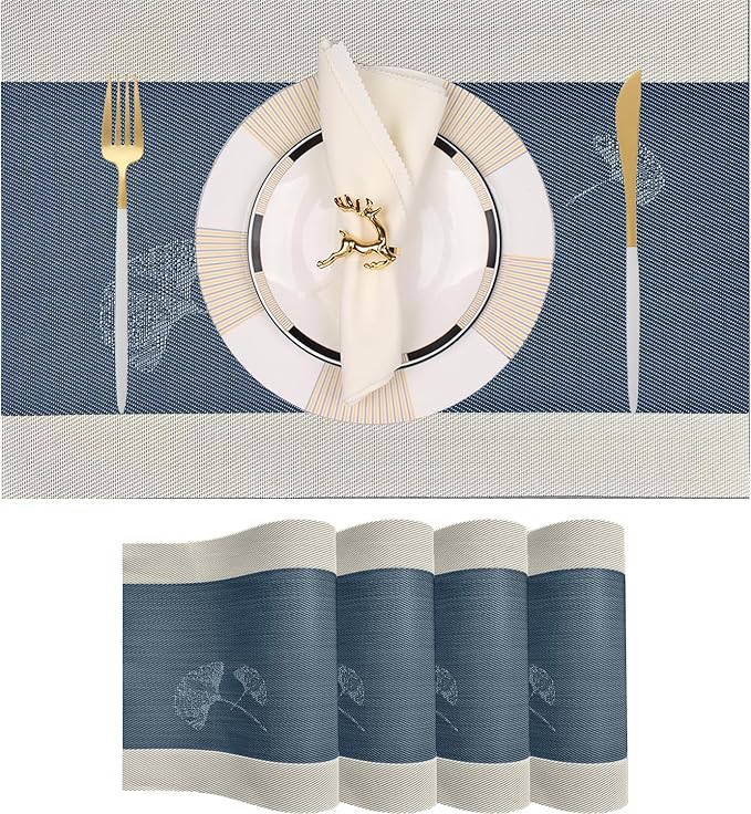 PIGCHCY Ginkgo Placemats Set of 4, Non-Slip Placemats Easy to Wipe Clean Kitchen Durable Table Mats for Home/Dining Room Decoration (Blue,18 X 12 inches)