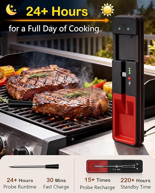 ±0.5°F Accuracy Shows Real-Time Temp Wireless Meat Thermometer: Smart 900ft Bluetooth Keeps Connection Across Wall - Meat Probe Withstands Max 572°F Heat Oven Safe Easy Setup App for BBQ Smoker Grill