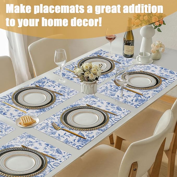 Spring Vintage Bird Placemats Set of 6, Chinoiserie Flower Linen Place Mat Washable Stain Resistant Table Mats for Farmhouse Kitchen 12x18 Inch