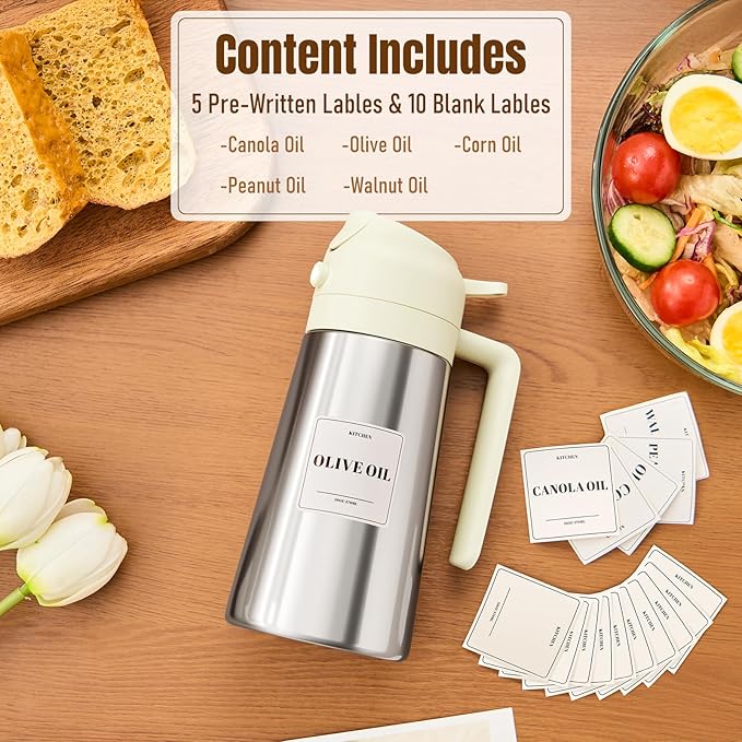 PARACITY Oil Dispenser Bottle with Stainless Steel Shell & Ceramic Sprayed Interior, 2 in 1 Olive Oil Sprayer and Dispenser, Oil Spray Bottle for Cooking, Kitchen, BBQ, Air Fryer, Salad, Baking(White)