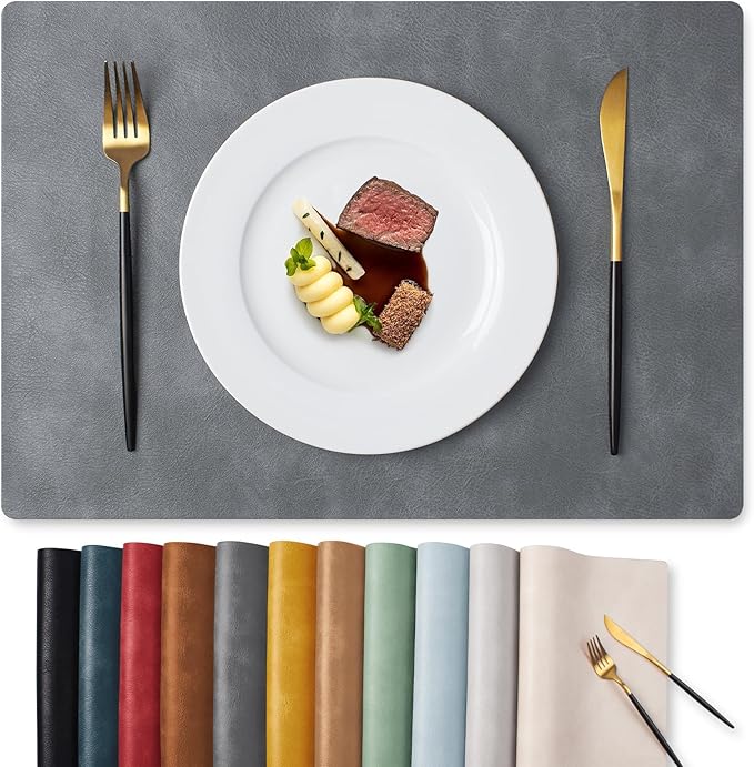 MOSAYT Vinyl Placemats Set of 8-12 X 17 Inch - Faux Leather 100% Waterproof Oil-Proof Wipeable PU Place Mats, Heat Resistant Reversible Table Mats for Kitchen, Dining, Outdoor (Grey)
