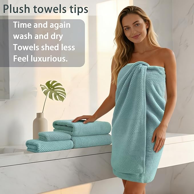Towels for Bathroom - 100% Cotton | Lightweight | Thick | Soft, Quick Dry Towels, Bath Towel Set of 6 Large, 2 Bath 30"x56", 2 Hand 18"x28", 2 Washcloths 13"x13", Luxury Shower Towel Set, Aqua Teal