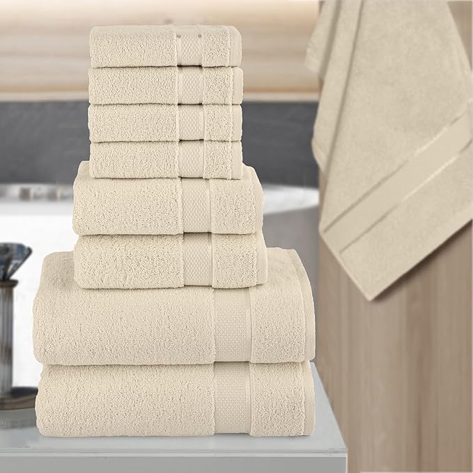 Elegant Comfort Premium Cotton 8-Piece Towel Set, Includes 4 Washcloths, 2 Hand Towels and 2 Bath Towels, 100% Turkish Cotton - Highly Absorbent and Super Soft Towels for Bathroom, Ivory