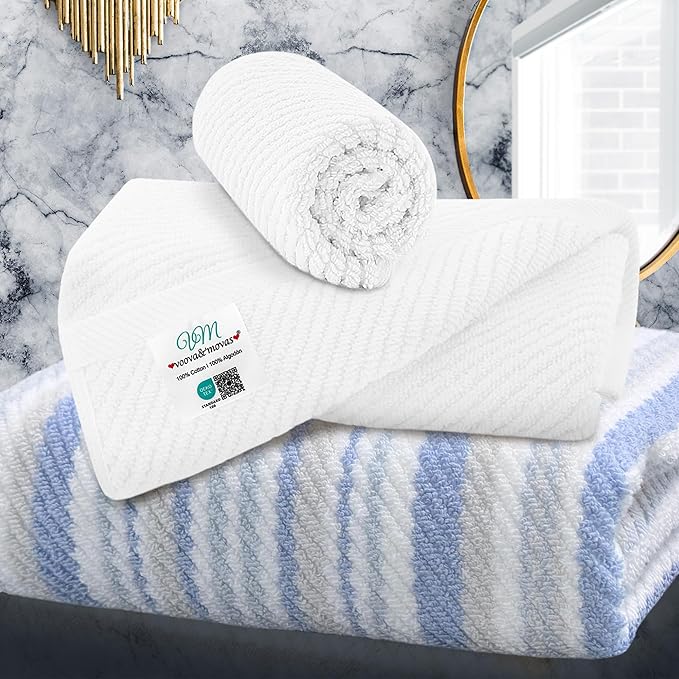 VOOVA & MOVAS Towel Set for Bathroom - 100% Cotton, Quick Dry, Thick, 3 Piece Towel Set, 1 Blue Stripe Large Bath 27"x52",1 White Hand 18"x28",1 White Washcloth 13"x13",Dorm Room Essentials