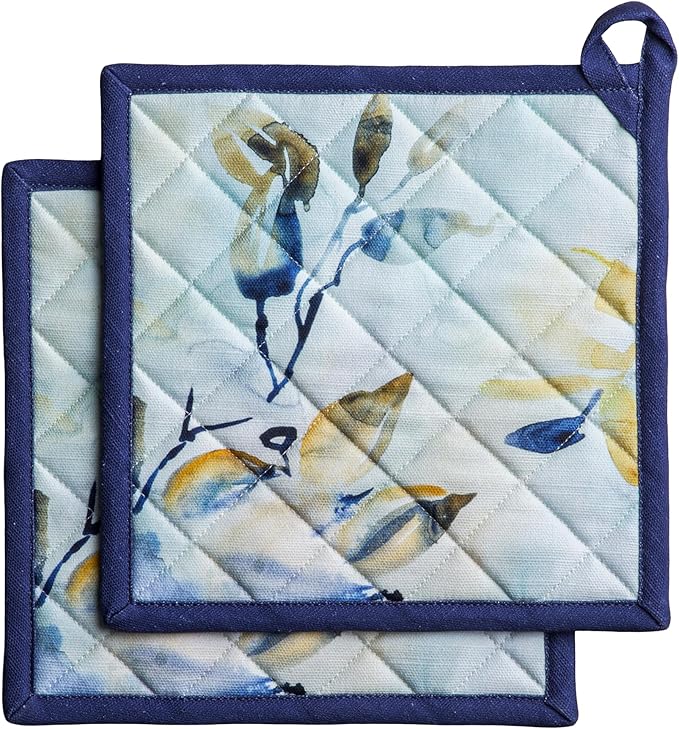 Maison d' Hermine Pot Holders 100% Cotton Heat Resistant Potholders 8" x 8" Hot Pads with Loop Cooking Baking Gifts for Mothers Day Handling Hot Pans Spring/Summer (Pack of 2, Lazy Summer Days)