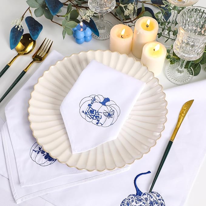 HunnmingRe 12 Pcs Thanksgiving Blue and White Cloth Napkins Chinoiserie Embroidered Pumpkin Cotton Hand Towels Blue Guests Napkin for Dinner Holiday Harvest Weddings Parties Washable 17x17 Inch
