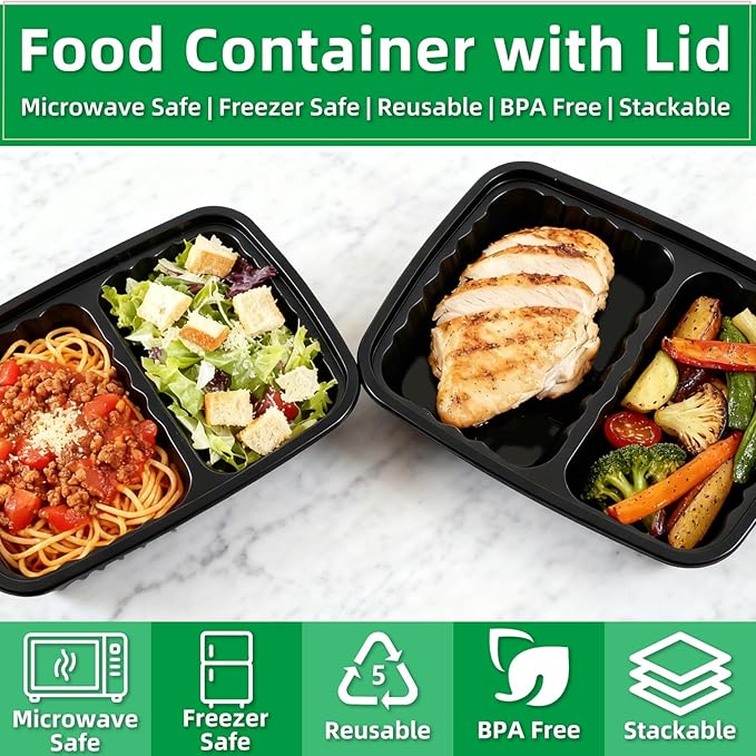 Meal Prep Containers 2 Compartment 50 Pack, 28 oz Divided Reusable Food Storage Containers with Lids Takeout Food Storage Black, Microwave Dishwasher Freezer Safe, Stackable, BPA Free