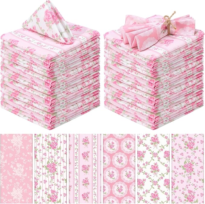 12 Pcs Floral Cloth Napkins 6 Patterns Washable Dinner Tea Party Napkins Reusable Plant Flowers Square Napkin Cotton Towel Decorative for Spring Wildflower Party (Pink Flowers)
