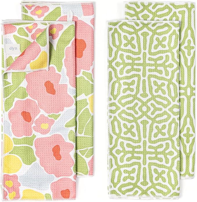 ELYN Microfiber Kitchen Dish Towel Set, Quick-Dry & Absorbent Waffle Weave Cleaning Towels, Set of 4 Kitchen Towels, Paper Towels Alternative (Bold Floral & Geo)