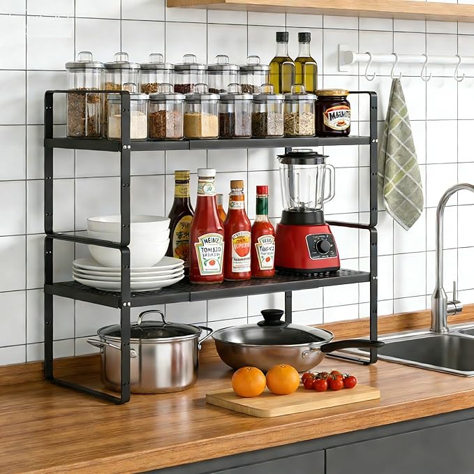 Expandable Cabinet Organizer Shelf - Adjustable Width (16.5”-27.1”), Stackable, Heavy Duty 80 lbs, for Kitchen Pantry, Countertop, Office, Spice Rack - Black, Small Size, 1 Pack