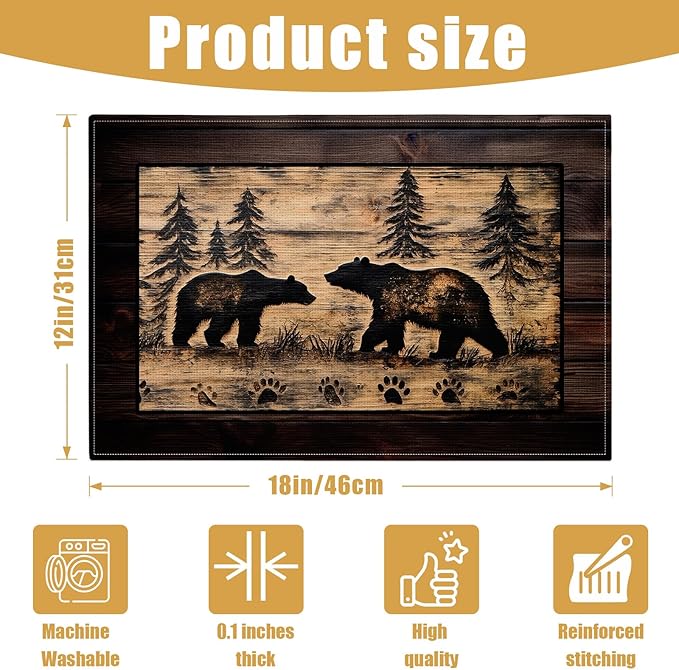 Brown Bear Pine Tree Placemats Set of 6, Wood Grain Linen Place Mat Washable Stain Resistant Table Mats for Farmhouse Kitchen Party 12x18 Inch