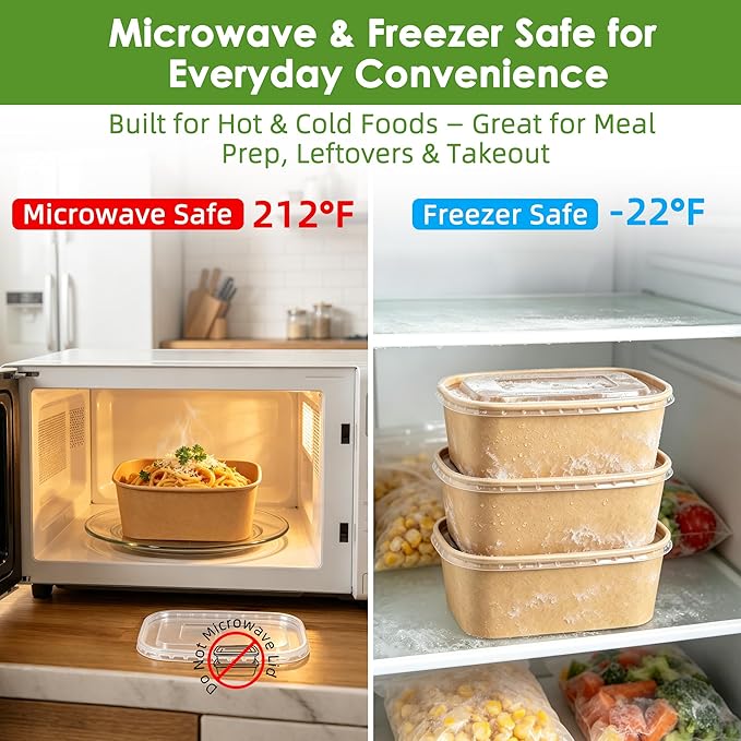 50-Pack 30oz Disposable Meal Prep Containers【with Lids and Forks】, Compostable Kraft Paper Bowls To Go Food Containers, Microwave & Freezer Safe for Hot & Cold Foods