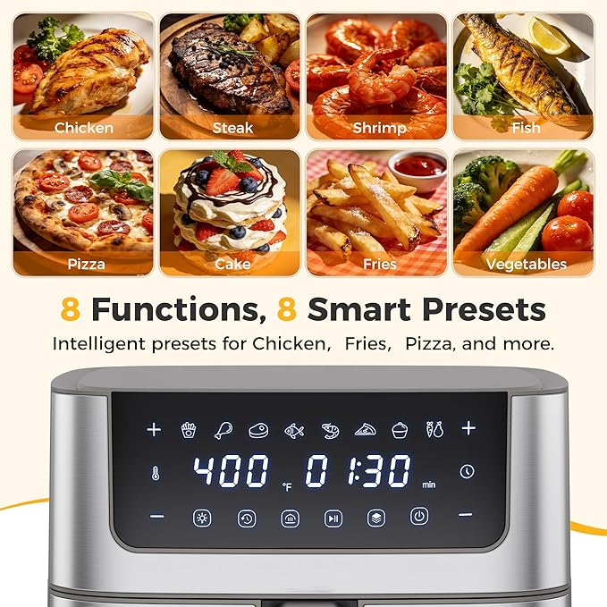 NEWBULIG Air Fryer 6.34QT, Airfryer with Visible Window, 400℉ Fast Heating Air Fryers Oven with Nonstick and Dishwasher-Safe Basket, 8-in-1 Cooking Preset, Timer，Auto-Off, Stainless Steel, Grey