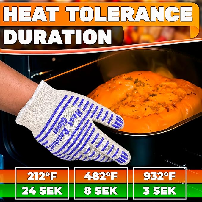 Heat Resistant Gloves - Aramid Oven Gloves with Fingers for Cooking & Grilling, Lightweight BBQ Gloves with Cotton Lining, Non-Slip 9.45x3.94 Kitchen Mitts for Baking & Frying, Kitchen Gift for Chefs