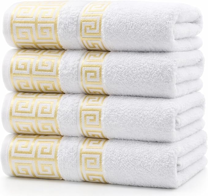 Luxury 4 Piece Bath Towel Set with Greek Key Design - 100% Cotton Soft & Absorbent Bathroom 27x54 in Extra Large Towels - Quick Dry, Plush & Durable - White Towels Set for Home, Spa & Hotel Use AA2
