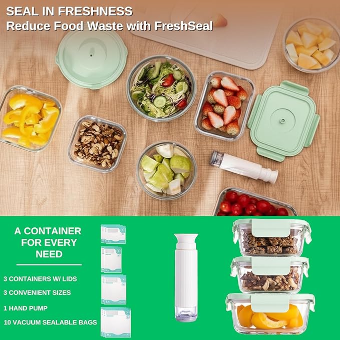 Glass Vacuum Sealable Container Set, 3 Containers, 10 Bag, Hand Pump