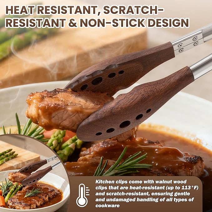 12-Inch Wooden Tongs for Cooking - Heat Resistant Natural Walnut Wood Kitchen Tongs, Stainless Steel Salad Tong with Walnut Wood Tips for Serving Food, Cooking, Tossing Salad, Grilling, BBQ (12 Inch)