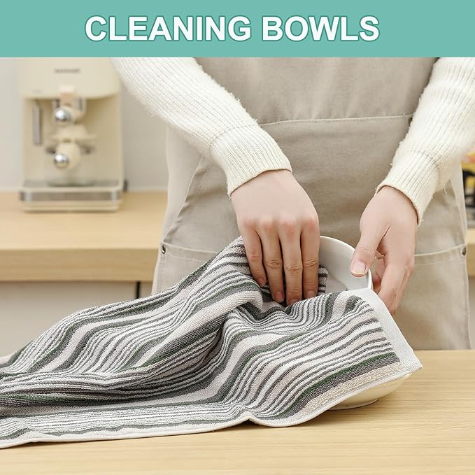 SALAS Kitchen Dish Towels for Drying Dishes, Large Cotton Kitchen Towels, Stripped Terry Dish Cloths, Thick Highly Absorbent Towel Sets with Hanging Loop, 16" X 26", 6 Packs, Grey with Green