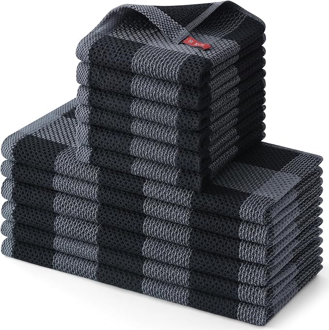 Homaxy Kitchen Towels and Dishcloths Set, 12 x 12 and 13 x 28 Inches, Set of 12 100% Cotton Waffle Weave Check Plaid Kitchen Dish Towels, Super Soft and Absorbent Dish Cloths, Black & Grey
