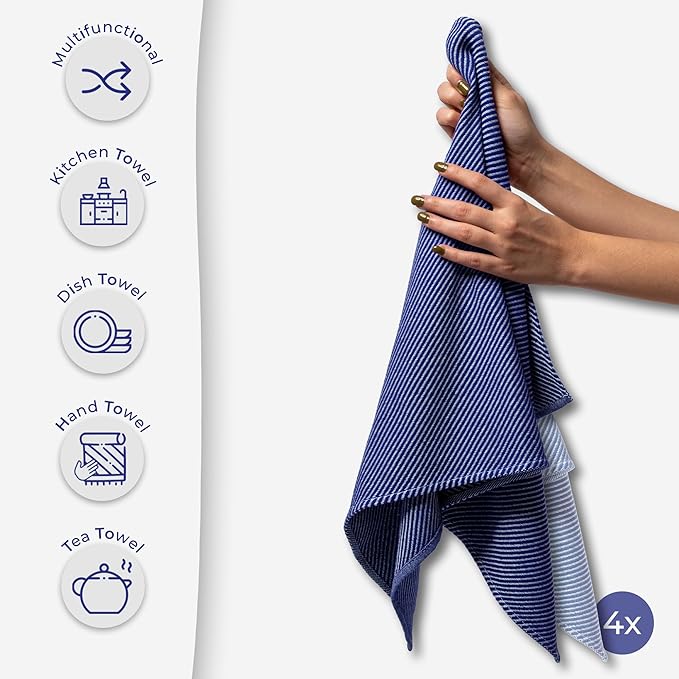 Ossano Decorative Tea Towels Set - 4 Pack, (20" x 30") - Large & Flour Sack - Versatile as, Kitchen Tea Towels, Decorative Dish Towels, Kitchen Hand Towels, Soft Kitchen Towels, Light and Navy Blue