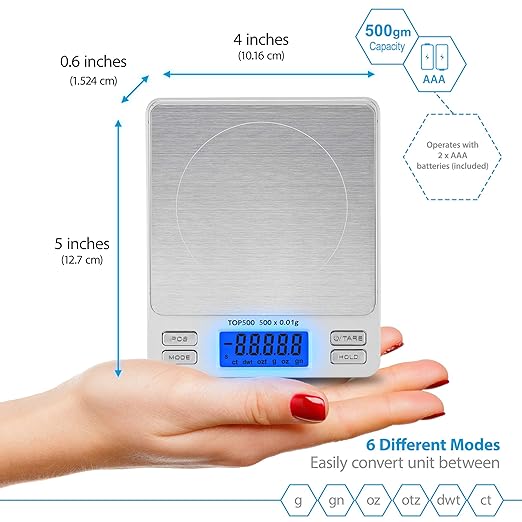 Smart Weigh Digital Pro Pocket Scale 500g x 0.01g – 6 Units: g, oz, gn, ozt, DWT, ct – High Precision for Kitchen, Herbs & Jewelry – Includes Hold/Counting, 2 Trays & Batteries