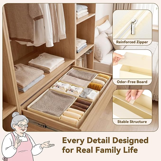 GRANNY SAYS Drawer Organizer Clothes, 12 Pack Dresser Organizer Bins for Nursery, Closet Organization and Storage Dividers for Clothing, Baby Clothes, Underwears, Beige