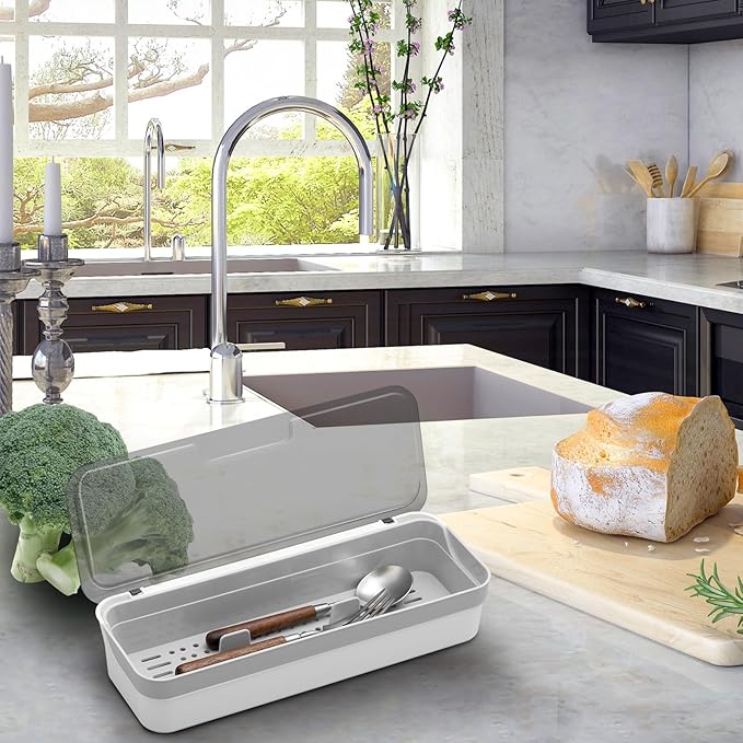 LemonRoad 2 Pcs Plastic Kitchen Drawer Organizer with Lid and Drainer, Utensil Organizer, Gray Flatware Storage Box and Drain Rack Suitable for Home Kitchen, Spoons, Forks, Knive, Silverware Flatware