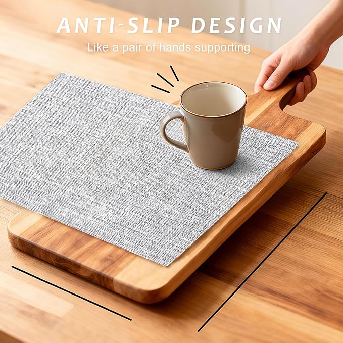 Durable Vinyl Placemats Set of 12, Non-Slip for Dining Table Mat, Heat Resistant Place Mats, Washable Anti-Slip PVC Easy to Clean Wipeable Premium Plastic Mats for Kitchen Grey