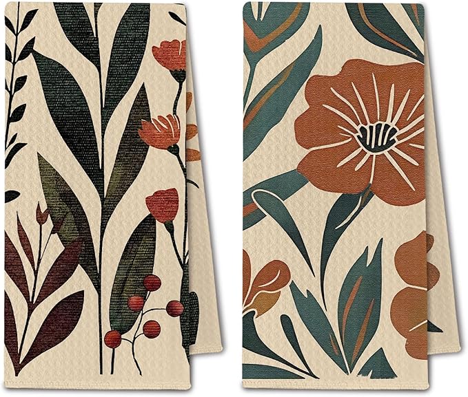 Vintage Boho Floral Kitchen Towels, Abstract Wildflower Botanical Dish Towels Drying Cloth for Kitchen, Mid Century Modern Boho Hand Towels for Bathroom, 16x24 Inch Set of 2