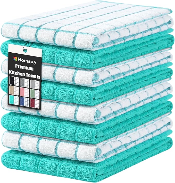 Homaxy Premium Cotton Kitchen Towels 16"x 28", Large Natural Ring Spun 390 GSM Dish Towels, Super Absorbent Terry Kitchen Hand Towels, Soft Tea Towels with Hanging Loop, Aqua Check Design, 8 Pack