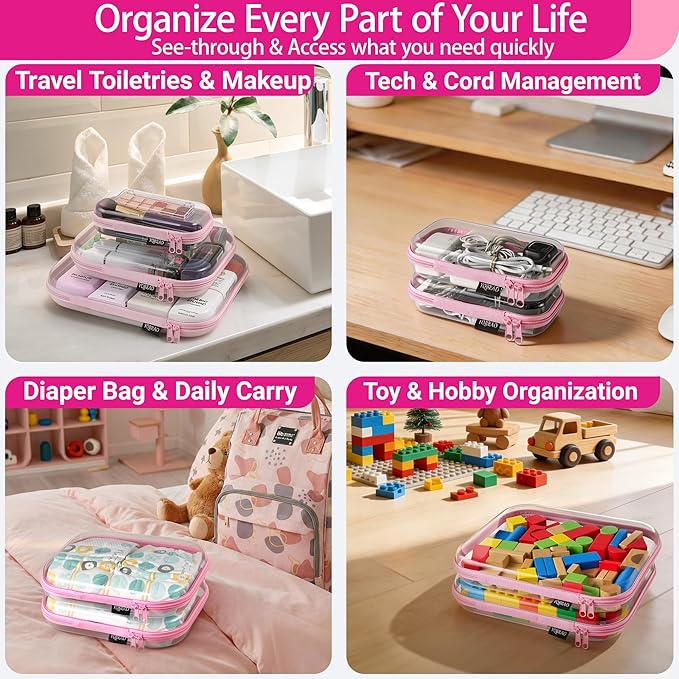 YQBRAO 3 Pack Hard Sided Clear Zipper Case for Storage- Thickened-Grade Clear Hard Shell Zipper Case for Organizing Bead, Handicrafts, Sewing, Toiletries, Makeup (Pink)