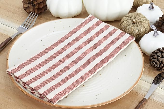 PurpleEssences Plain Striped Cloth Napkins - Set of 12-100% Cotton - 18 x 18 Inch - Spring Easter Summer and Perfect Everyday Use Dinner Napkin - Royal Rust Ivory