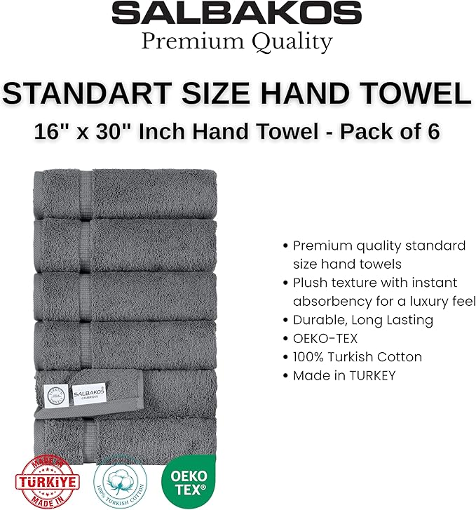 SALBAKOS 100% Turkish Cotton Hand Towels Set 6-Piece Gray 16x30 in | Luxury Premium Quality Thick Super Absorbent Turkish Hand Towel for Bathroom & Kitchen | Made in Turkey (Gray, 6 Hand Towels)